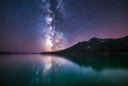 Milky Way over a lake in the mountains. Long exposure photography.の素材