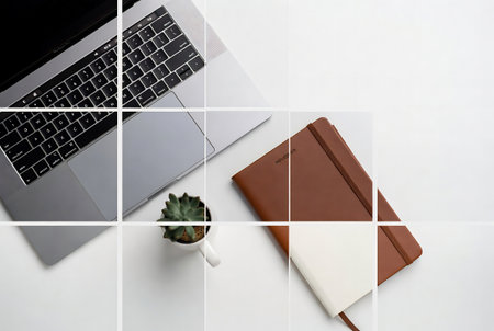 Laptop, notebook and coffee cup on white background. Top viewの素材