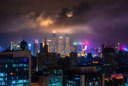 Shanghai skyline at night with cloud and fog, China.の素材