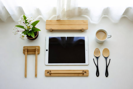 Tablet computer and wooden kitchen utensils on white background.の素材