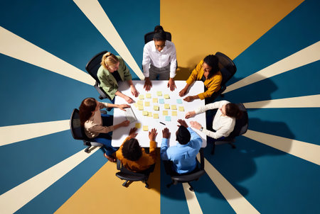 Business People Meeting Planning Strategy Teamwork Concept. Top view of a group of business people sitting around a table on a colorful background.の素材