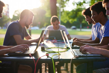 Group of young people using computers in the park on a sunny dayの素材