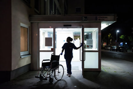 A disabled person with a physical disability in a wheelchair enters a bus stop at nightの素材