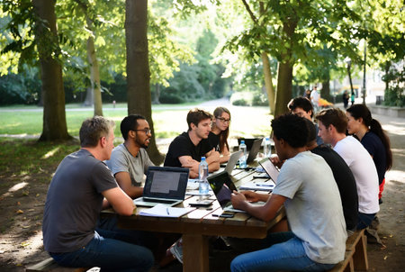 Group of young business people having a meeting in a park. Selective focus.の素材
