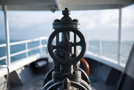 The bow of a ship with a valve on a steering wheel.の素材