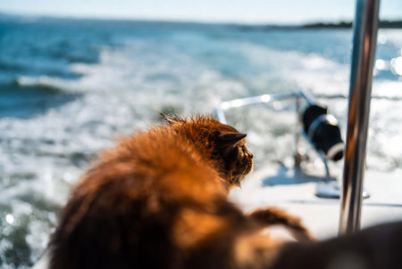 Cute cat playing on the deck of a cruise ship. Selective focus.の素材