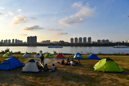 Camping on the bank of the river in Shenzhen, Chinaの素材