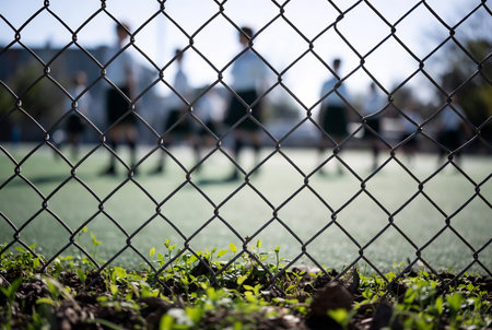 Chain link fence on the football field with green grass and blurred backgroundの素材