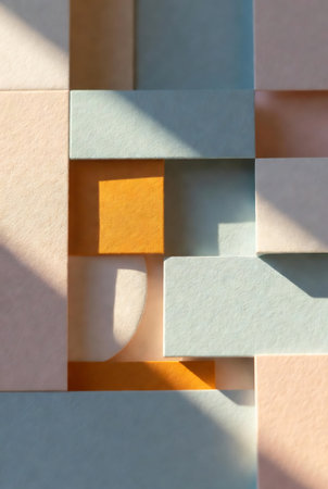 Abstract background of geometric shapes made of paper. Orange, yellow and blue colors.の素材