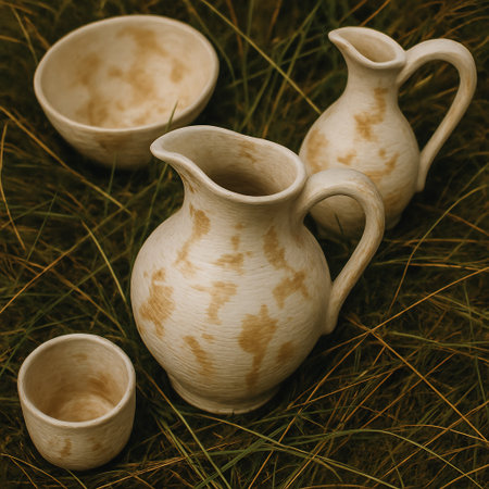 Vintage porcelain jugs and cups on green grass.の素材