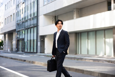 Handsome asian businessman walking on the street with briefcaseの素材