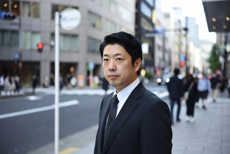 Portrait of an Asian businessman walking in the street in the cityの素材
