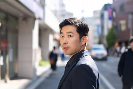Portrait of an Asian businessman looking at the camera in the cityの素材
