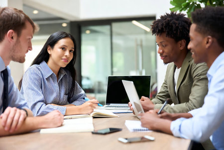 business, people and teamwork concept - group of smiling businesspeople meeting in officeの素材