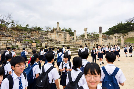 Korean elementary school students walking in the ancient city of Hainanの素材