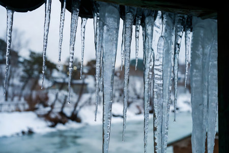 Icicles hanging from the roof of a house in winter.の素材