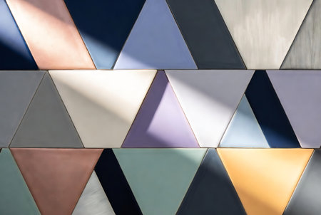 Abstract geometric background with multicolored triangles in the form of square tilesの素材