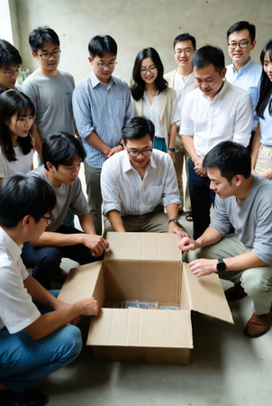 Group of young asian business people with cardboard box at office.の素材