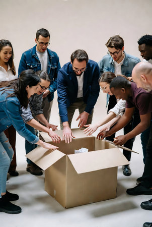 Group of multiethnic young people looking at cardboard box on white backgroundの素材