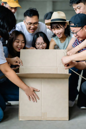 Group of asian young people packing cardboard box for shipment to customerの素材