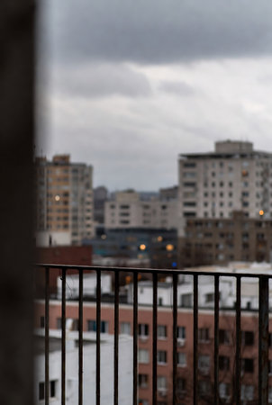 View from the balcony of an apartment building on a winter day.の素材