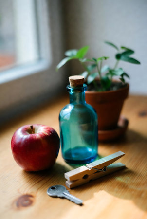 Essential oil in a glass bottle and apple on a wooden tableの素材