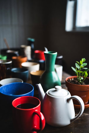 Colorful ceramic cups and teapot on dark wooden background.の素材