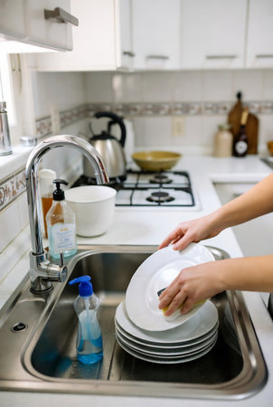 Close-up of female hands washing dishes in the kitchen at homeの素材
