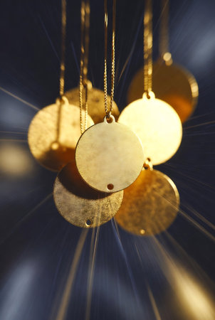 golden christmas decoration hanging on a black background. 3d renderingの素材