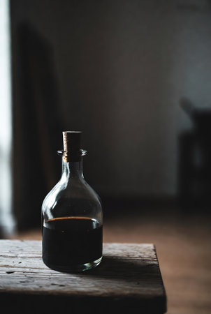 Bottle of black wine on a wooden table in a dark roomの素材