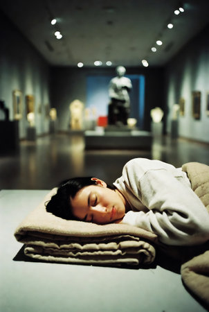 Woman sleeping on a sofa in an art gallery with a sculpture in the backgroundの素材