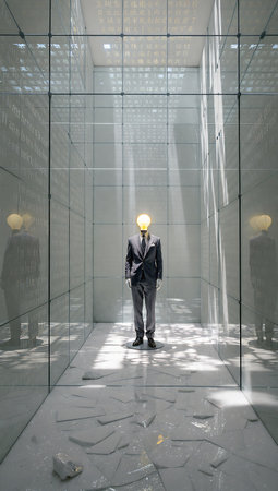 Man in a suit in a shop window with a lightbulbの素材