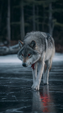 The wolf on the ice of frozen lake in the winter forest.の素材