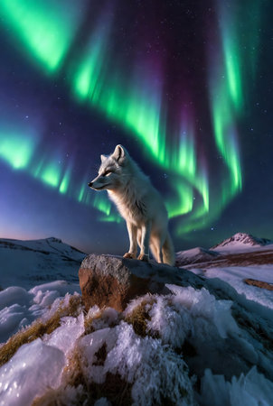 Aurora borealis and wolf in the north of Iceland.の素材