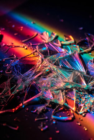 Broken glass on a black background with multicolored lights.の素材