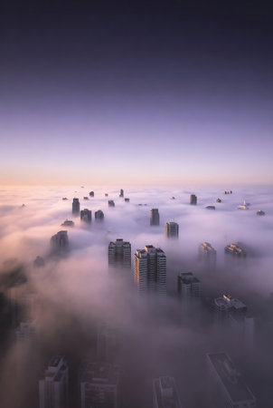 Aerial view of foggy cityscape with skyscrapers and buildings.の素材