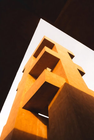 Wooden geometric shapes on the ceiling in the interior of the buildingの素材
