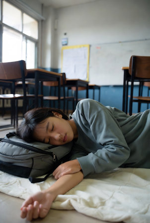 Young asian female student sleeping on the floor in the classroom.の素材