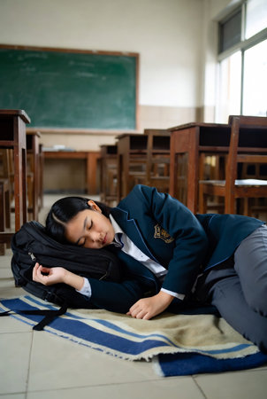 Portrait of a schoolgirl sleeping on the floor in the classroomの素材