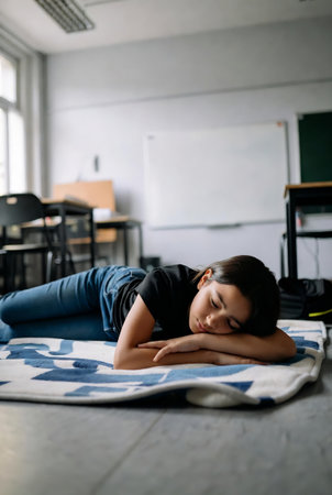 Young woman sleeping on a mat in a classroom at school. Education concept.の素材