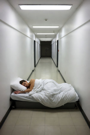 Young woman sleeping in the corridor of a hospital with her eyes closedの素材