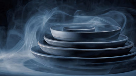 Stack of black and white ceramic plates and bowls with smoke on black backgroundの素材