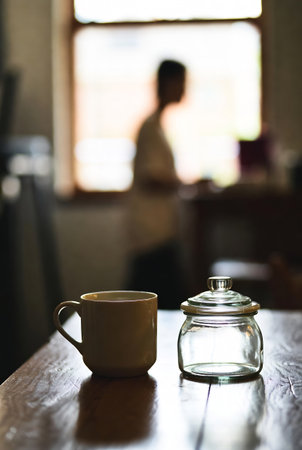 Coffee cup on the table in coffee shop, stock photoの素材