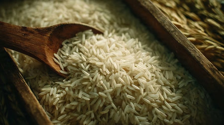 close up of rice in wooden spoon and rice grain in wooden bowlの素材