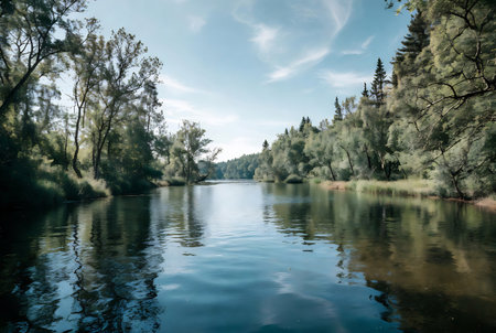 Landscape view of the river and forest. Beautiful nature scene.の素材