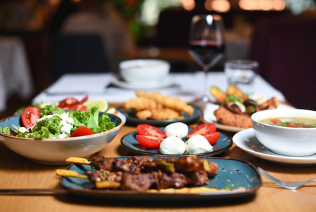 Turkish and Greek Traditional Ramadan Kebab on wooden table. Selective focus.の素材