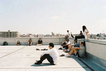 Group of young people sitting on the roof of a building and talkingの素材