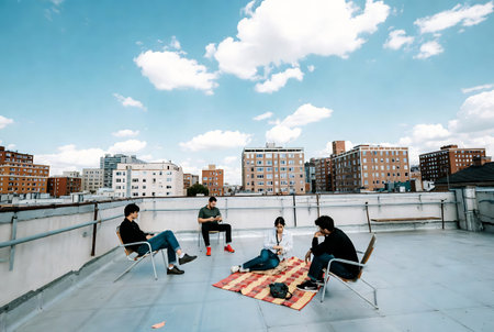 Group of young people sitting on a rooftop in New York City.の素材