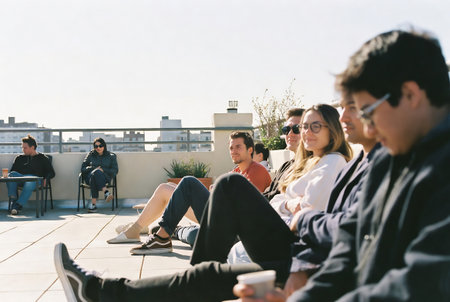 Group of young people sitting on the roof of a building and drinking coffeeの素材