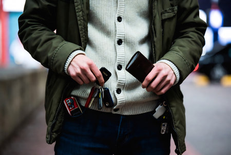 Close-up of man holding keys and wallet in the city.の素材